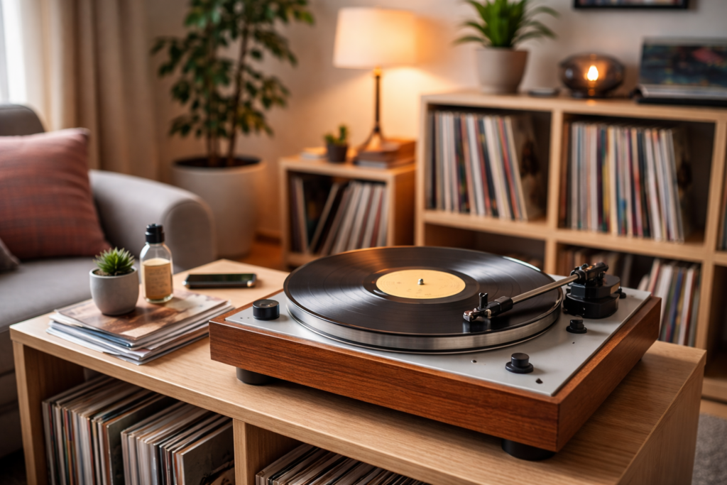 Vinyl Ratgeber mit Plattenspieler und Schallplatten im Wohnzimmer