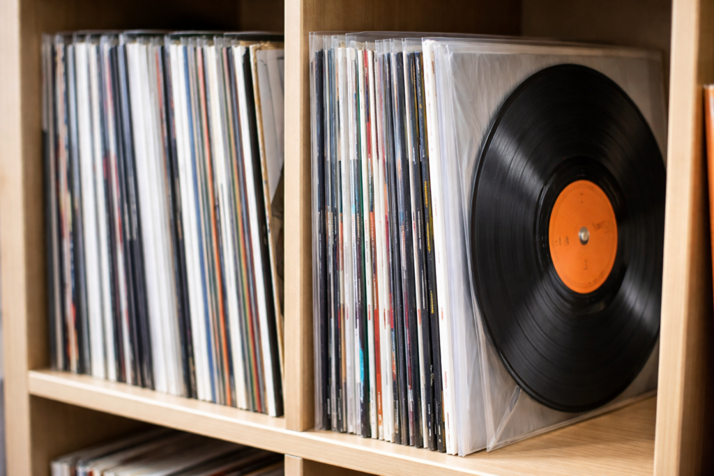 Vinyl Schallplatten richtig lagern im Regal stehend